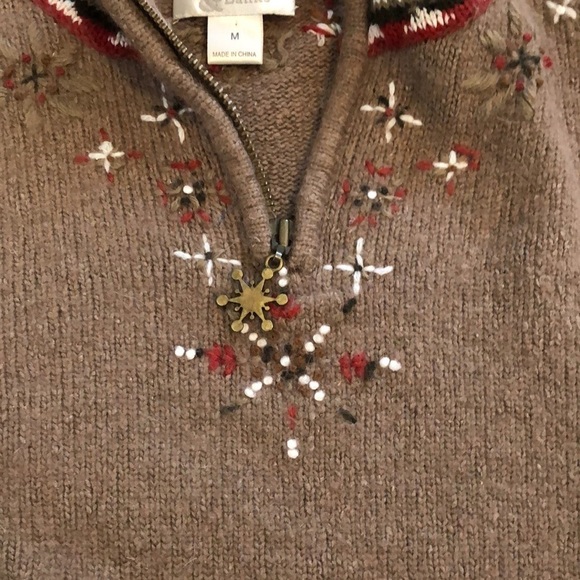 Womens Sweater Sz M Silk Rabbit Hair Wool Christmas Brown Holiday Snowflake Zip - Picture 2 of 8